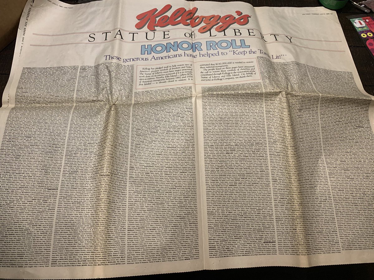 Apparently,  @KelloggsUS ran a crowdsourcing campaign in ‘85 to save the Statue of Liberty. Then they published everyone’s names in the paper. Is this the first  @kickstarter? There’s pages of names.  #GrandpaTimeCapsule