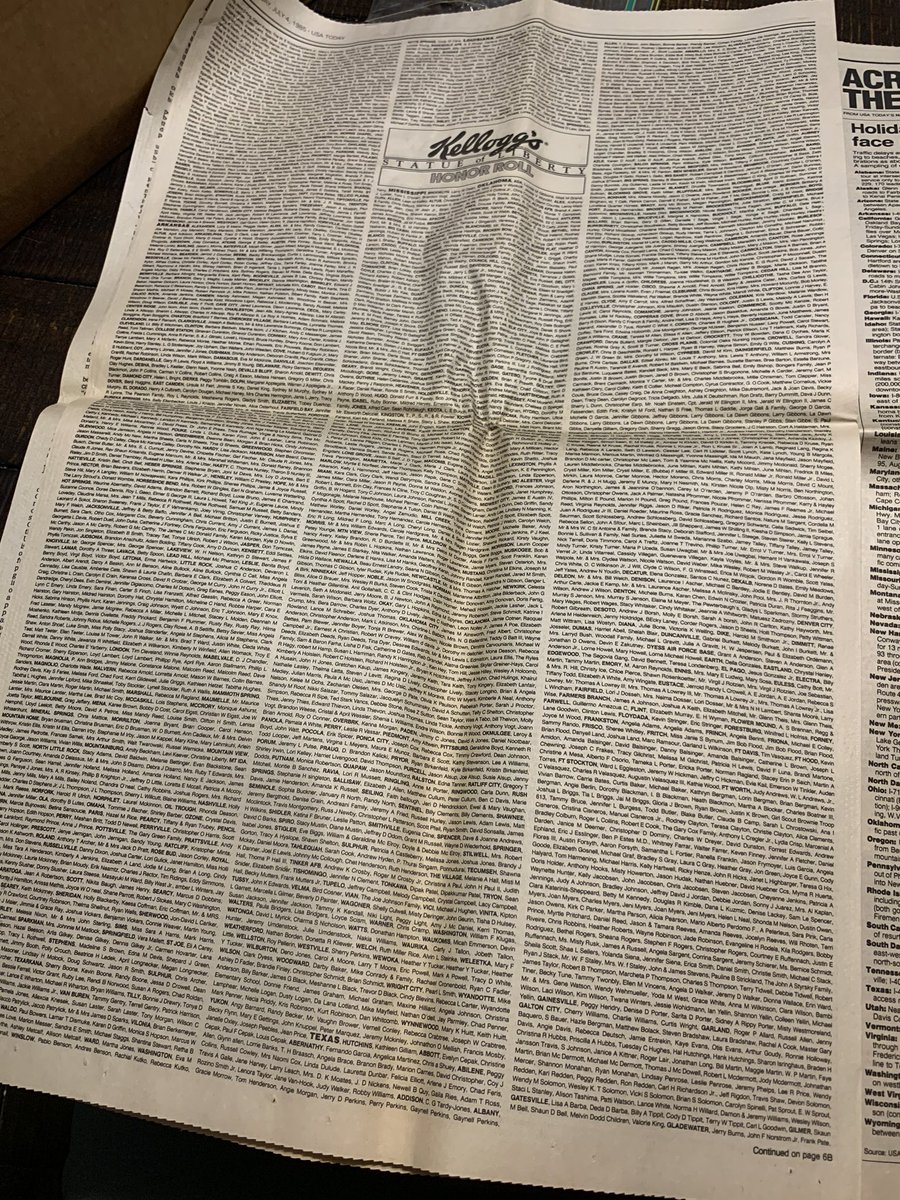 Apparently,  @KelloggsUS ran a crowdsourcing campaign in ‘85 to save the Statue of Liberty. Then they published everyone’s names in the paper. Is this the first  @kickstarter? There’s pages of names.  #GrandpaTimeCapsule