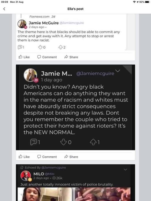 The stuff she posts on Facebook is bad enough (jennytrout.com/?p=12926) 
Even if she cloaks it all under just starting a conversation" -- the new "just asking questions." But now that she is on Parler, she feels completely free say exactly what she means.