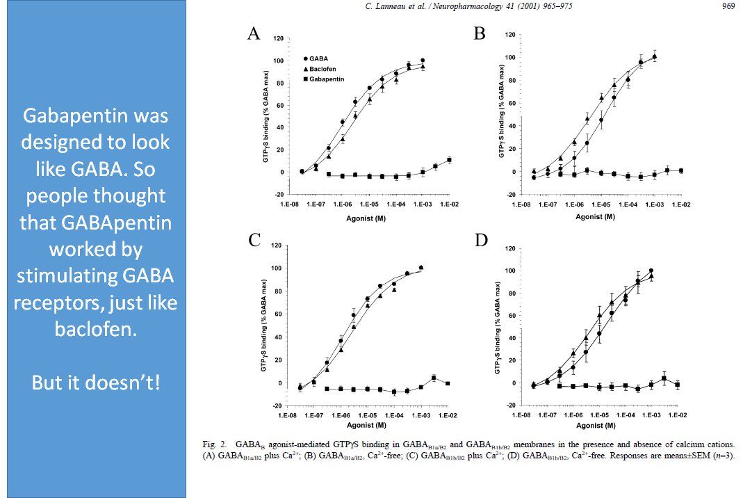 3/Everything about gabapentin isWhat follows is no differentThere once was adream of using GABA signaling 2 prevent seizures. Yada yada yada, we made GABApentin. It approved in 1993!Just one prob:GABApentin doesnt bind GABA-receptors!Like I said…