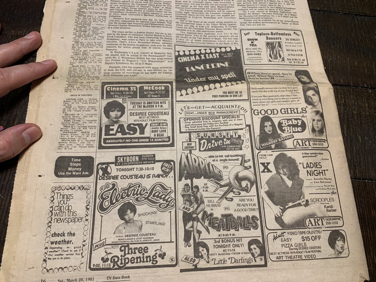 An issue of Dayton Daily News’ TV Date Book, from 1981. Cover of the Fonz, long after he jumped the shark. Cheap Trick was playing Hara Arena (RIP) and...well, it’s a look at Dayton’s history of adult cinemas and drive-ins.