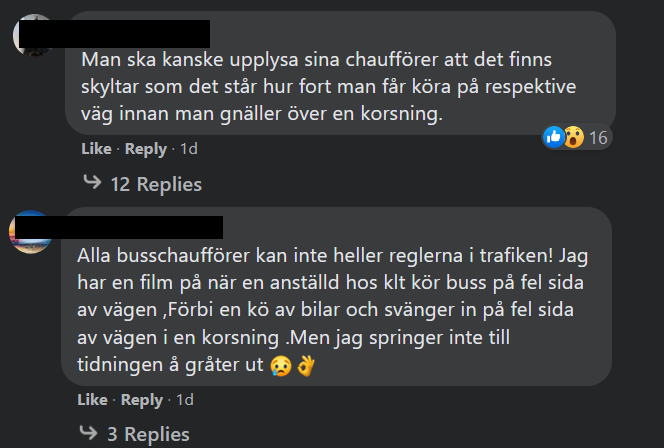 CyklaKalmar's tweet photo. Kommentarer på artikel om att busschaufför uttrycker frustration över att många bilister missar väjningsplikt då de lämnar gångfartsområde. Ingen är immun mot whataboutism-stormen och/eller direkt felaktiga kommentarer. @barran_nyheter https://t.co/D3jatTU6i5