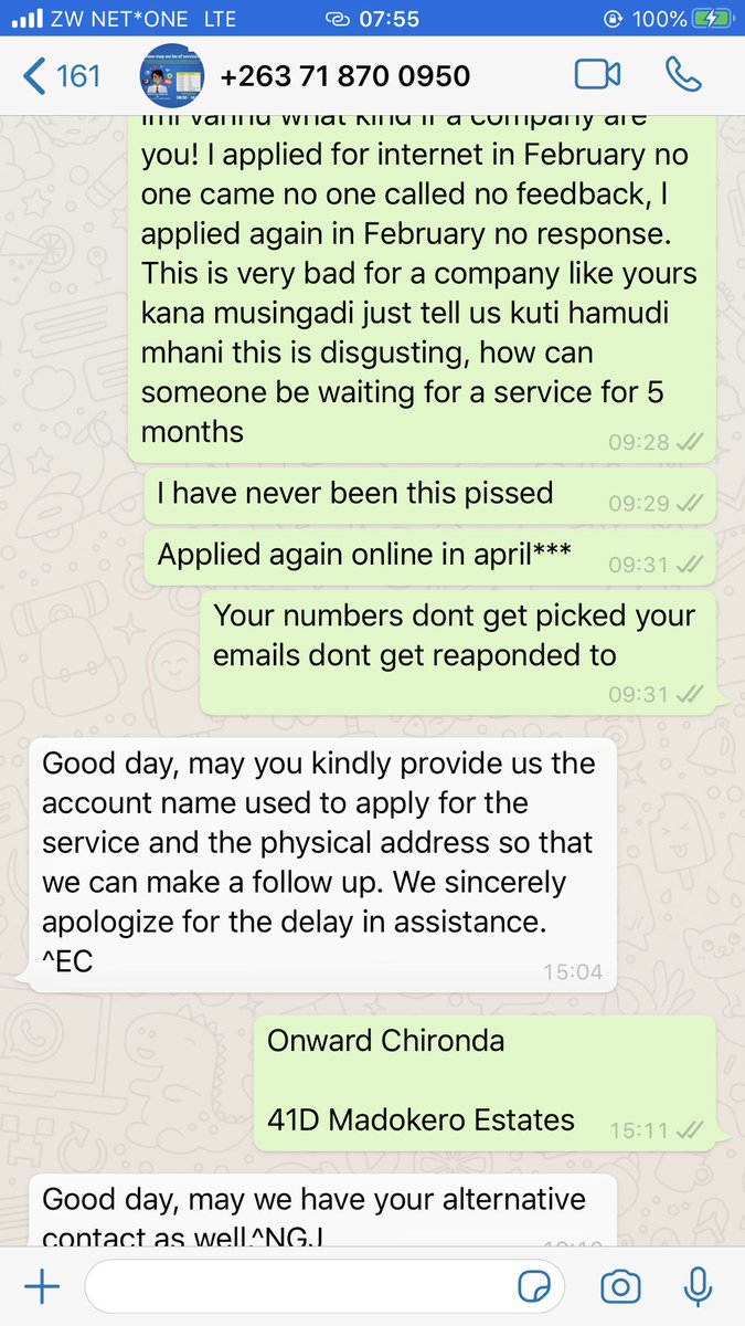 My WhatsApp conversations with  @TelOneZW WhatsApp platform form March to July!  @TelOneZW apologizing and assuring attending the services as they will still do on this thread!