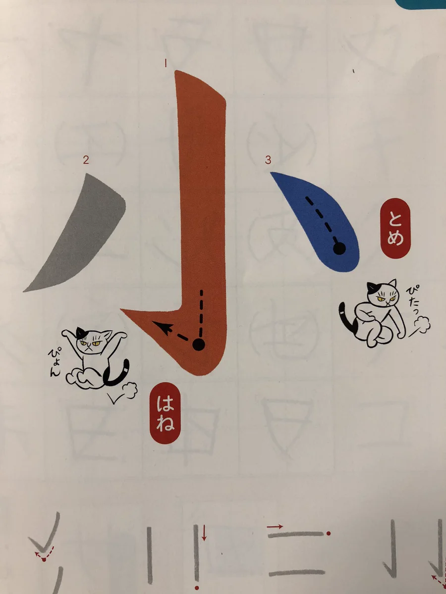 「とめ」や「はね」、「はらい」などを猫が体の動きで表現してくれてる！とある書写の教科書が話題に！