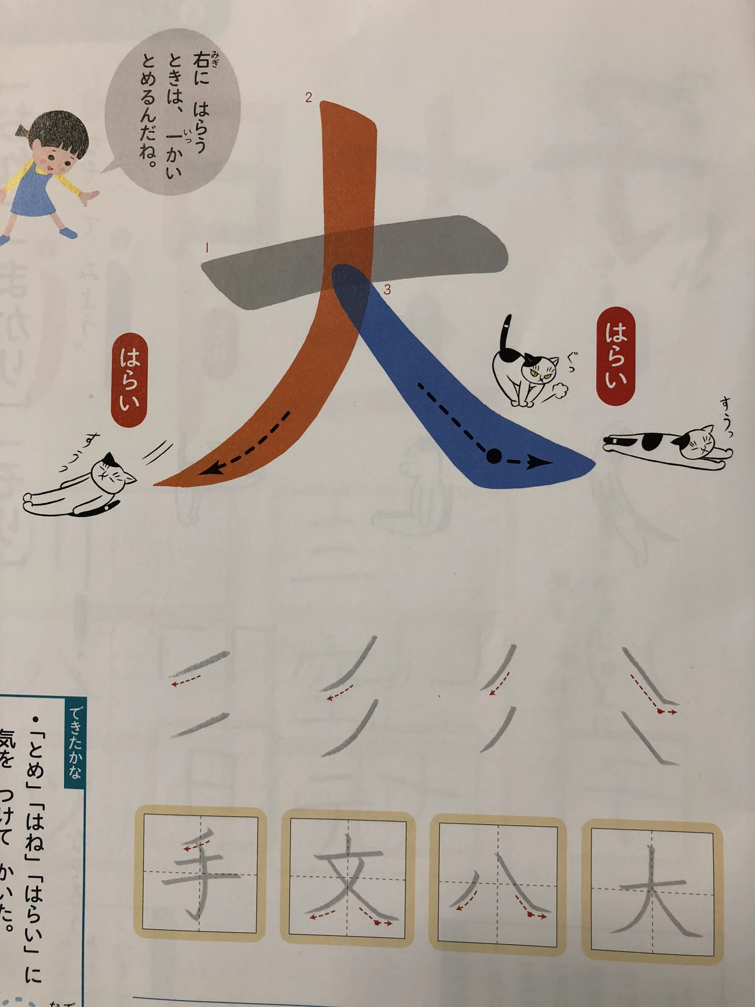「とめ」や「はね」、「はらい」などを猫が体の動きで表現してくれてる！とある書写の教科書が話題に！