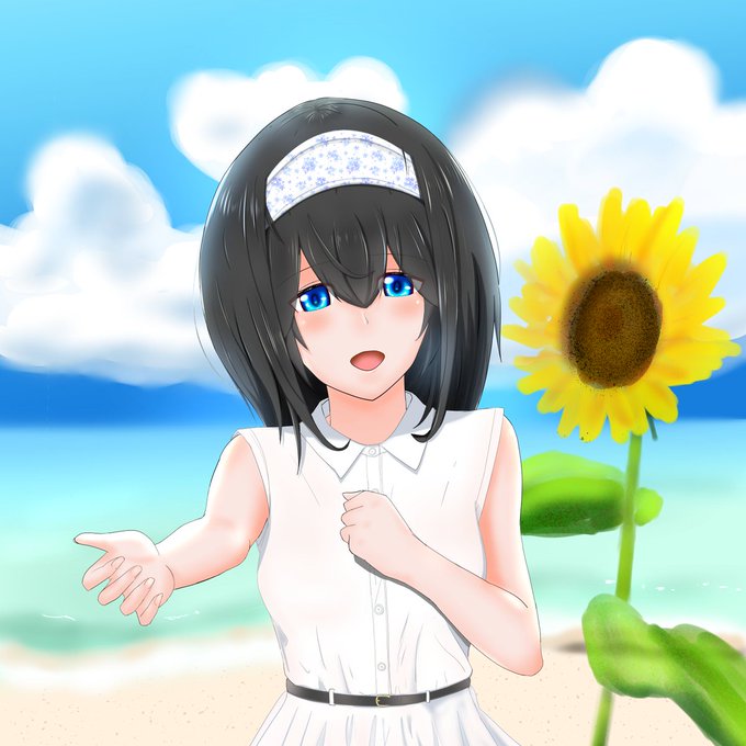 デレマスよりふみふみを夏っぽく描いてみました。こちらに伸びてくる腕の描写が難しい。あと、次はもっといい服着せてやりたい… #絵描きさんと繋がりたい#イラスト#イラスト初心者#鷺沢文香 