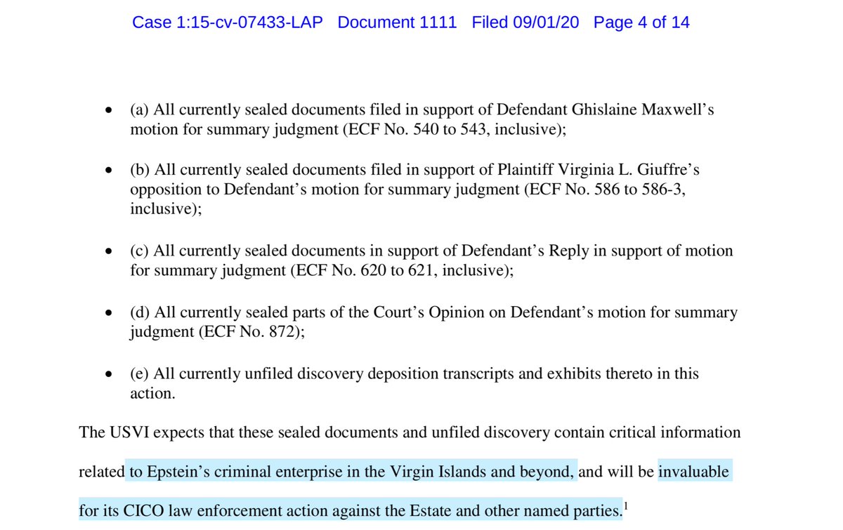 When I said this is the 1st time the VI-AG has particularized I was referring to these sections in her 14 page motion. Because I’ve followed this case quasi closely since 2015 -that’s why I said I think it’s the 1st time  https://drive.google.com/file/d/1d7ingb6Am6lgbjqJZKEdGhzu7qFuZ6Zm/view?usp=drivesdk https://twitter.com/File411/status/1300973929419415553?s=20