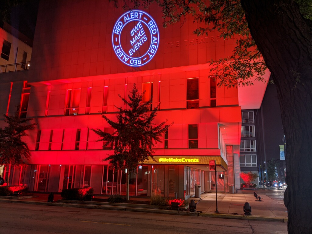 TheatreSchool's tweet photo. Tonight The Theatre School joins over 1,500 locations across North America lighting up red to raise awareness in support of the live events industry, which has been drastically affected by the COVID-19 pandemic. #WeMakeEvents #RedAlertRESTART https://t.co/36s7S1hDnj