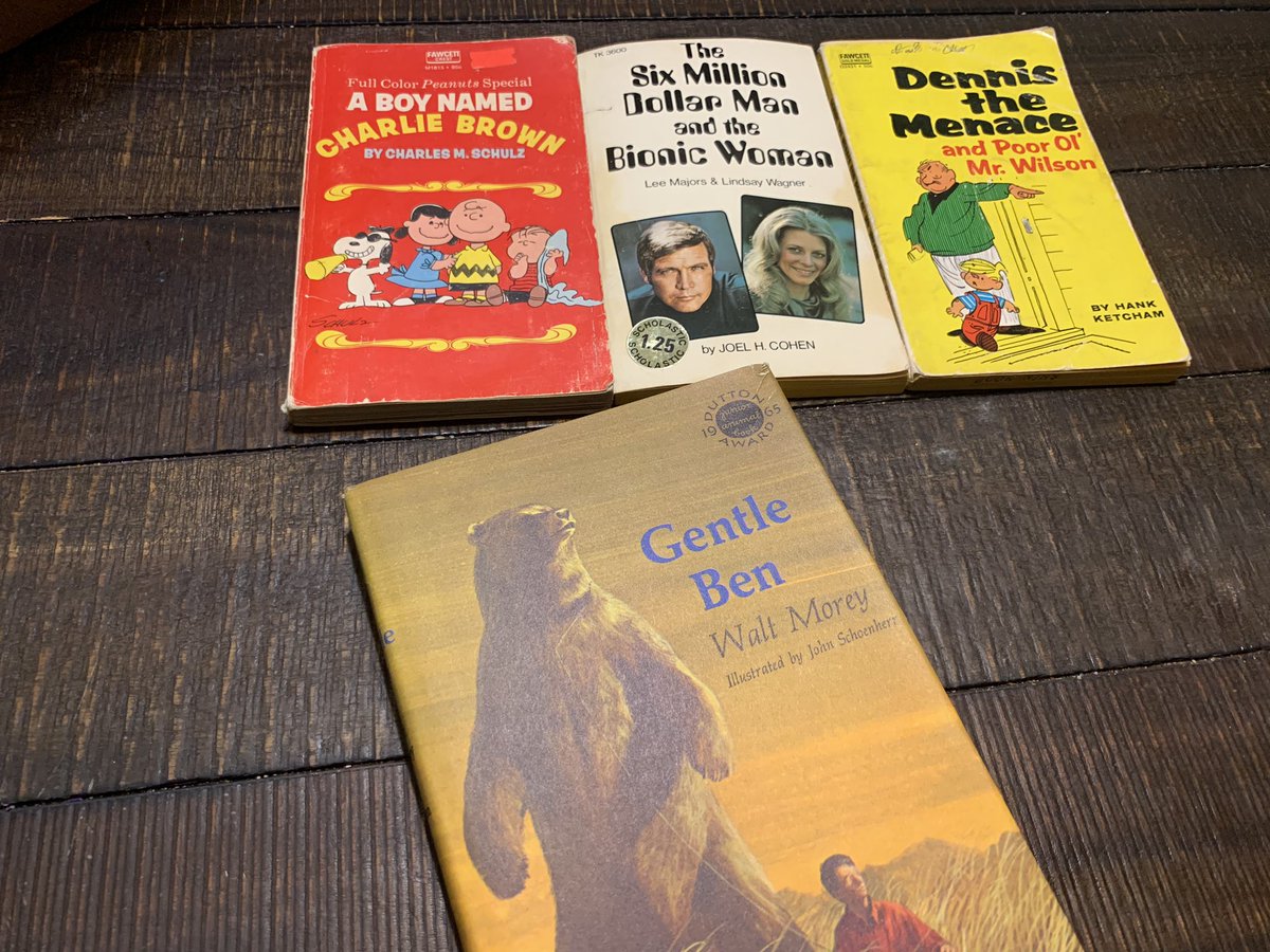 Books! Charlie Brown, Gentle Ben, Dennis the Menace, Bionic Man (?)But tucked inside, this little slip of paper. My grandma worked in an envelope factory. Looks like gramps took an inspection slip and wrote “book marker” on it. I really do miss them.  #GrandpaTimeCapsule