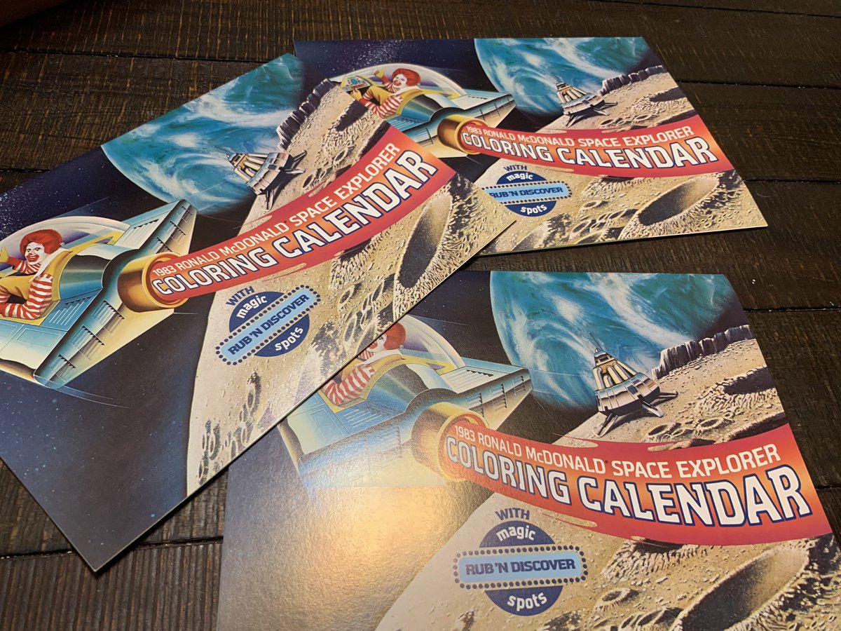 Three (why) copies of the 1983 Ronald McDonald Space Explorer Coloring Calendar—with “magic rub n’ discover spots.” I, too, have magic rub n’ discover spots.  #GrandpaTimeCapsule
