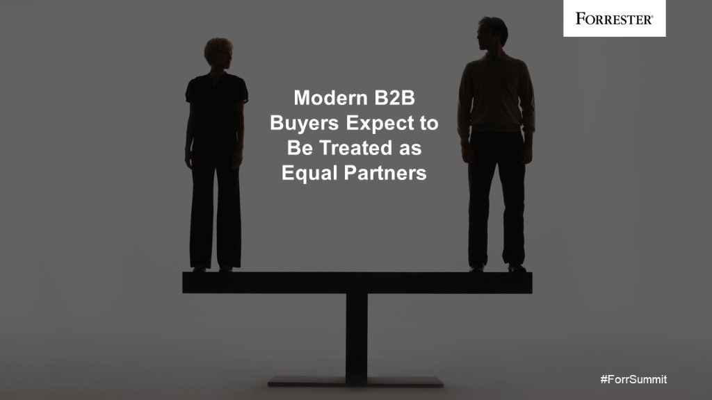 forrester's tweet photo. To adapt to the changing needs of the modern #B2B buyer, providers must change their mindset from convincing buyers to buy, to supporting and helping them buy. #ForrSummit https://t.co/yv6GvX4yKH https://t.co/DVojdzTIhf
