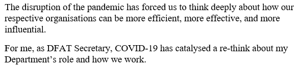 Adamson says covid-19 has catalysed a "re-think" of how the Department works 2/