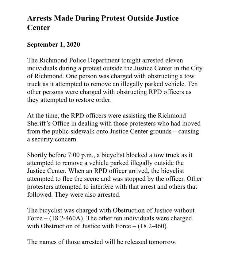 BREAKING—Richmond police say 11 people were arrested tonight after a clash outside the city jail after a protest. RPD says the advance to send protestors back was after some “had moved from the public sidewalk onto Justice Center grounds — causing a security concern.“  @8NEWS