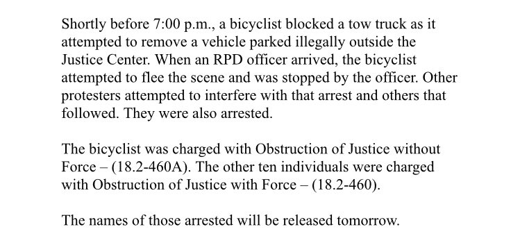 Police say the bicyclist that blocked the tow truck was charged with ‘obstruction of justice without force, ‘and the 10 others charged face ‘obstruction of justice with force’ after attempting to interfere with the bicyclist’s arrest and others.  @8NEWS