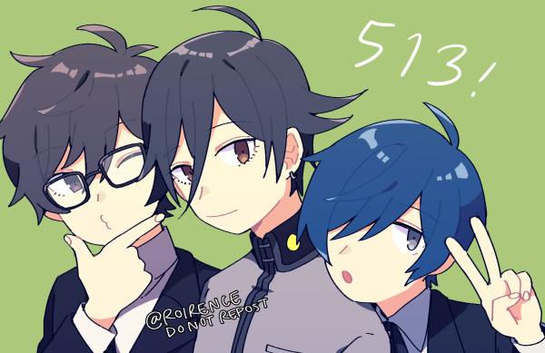 yuuki makoto multiple boys male focus 3boys black hair blue hair glasses hair over one eye  illustration images