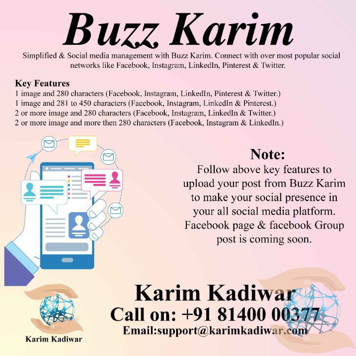 Buzz Karim
You can easily add your social network accounts such as Twitter, Facebook, LinkedIn and Instagram to your Buzz Karim account to get started.
#Buzzkarim #karimkadiwar #thesmsgatway
