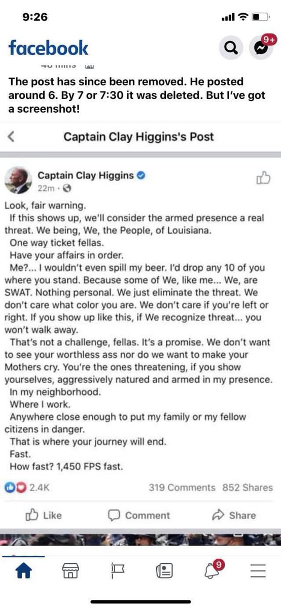 The incumbent in  #LA03 posted this appalling threat this evening — we will have a formal statement in the morning. In the meantime, we call upon the Republican congressional delegation in Lousiana to condemn this reckless statement by  @RepClayHiggins -  @SteveScalise  @GOPLeader