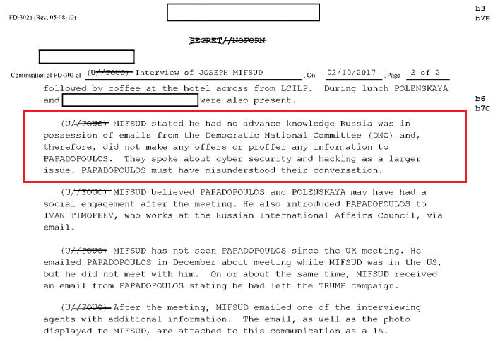 Whoa - the Joseph Mifsud 302 is out.Mifsud said he had no advance knowledge Russia had DNC emails and did not make any offer to PapadopoulosAnd there is a post-interview email from Mifsud to FBI yet to be released A very short interview for a purported "Russian agent"