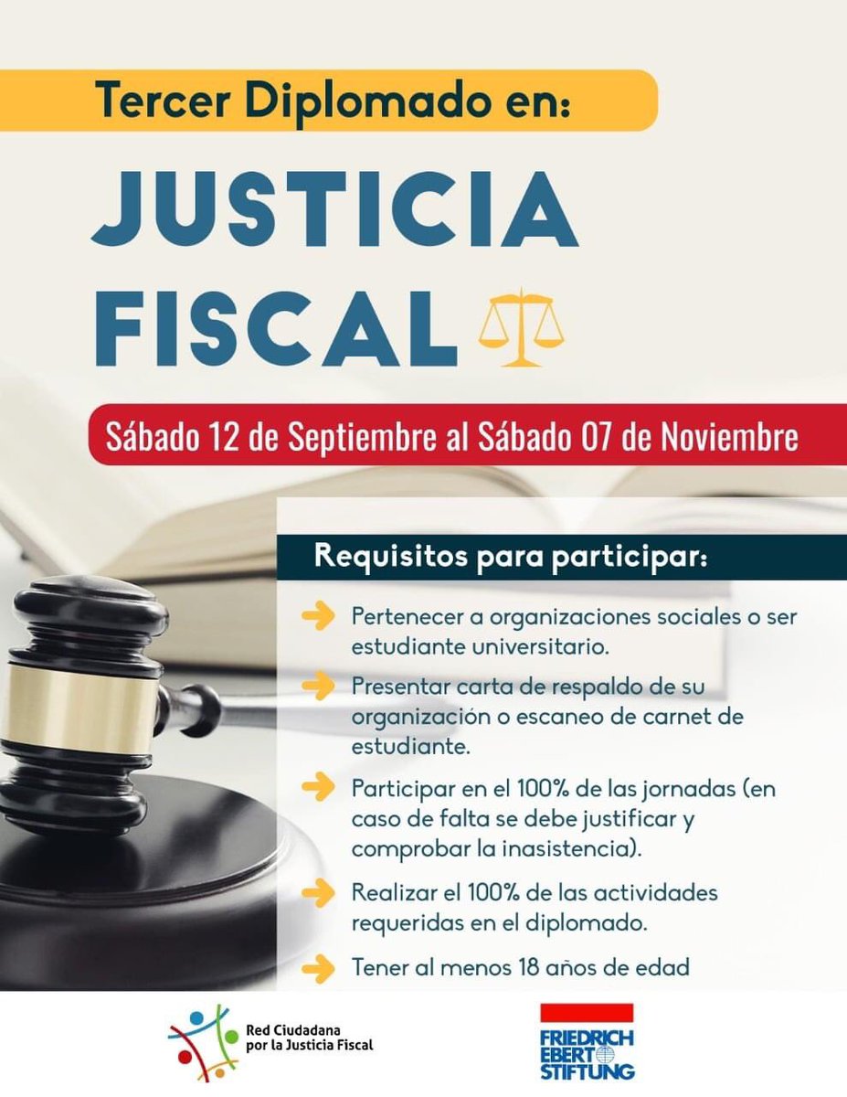 jsd_org's tweet photo. ¿Quieres conocer más acerca de la política fiscal como herramienta de justicia social?

No pierdas la oportunidad de participar en el III Diplomado en #JusticiaFiscal que la @r_justciafiscal organiza

Inscríbete aquí ⤵️
https://t.co/iGpREohUv9 https://t.co/WNL8MysDXF