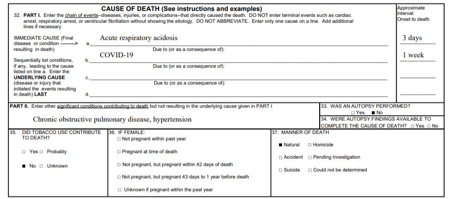 Below is an example of a death certificate from the Nat'l Vital Statistics System (NVSS), a CDC branch that is in charge of D.C. collection/reporting. This is a quick explanation of how Covid-19 deaths are reported and where the "6%" came from and why it isn't important.