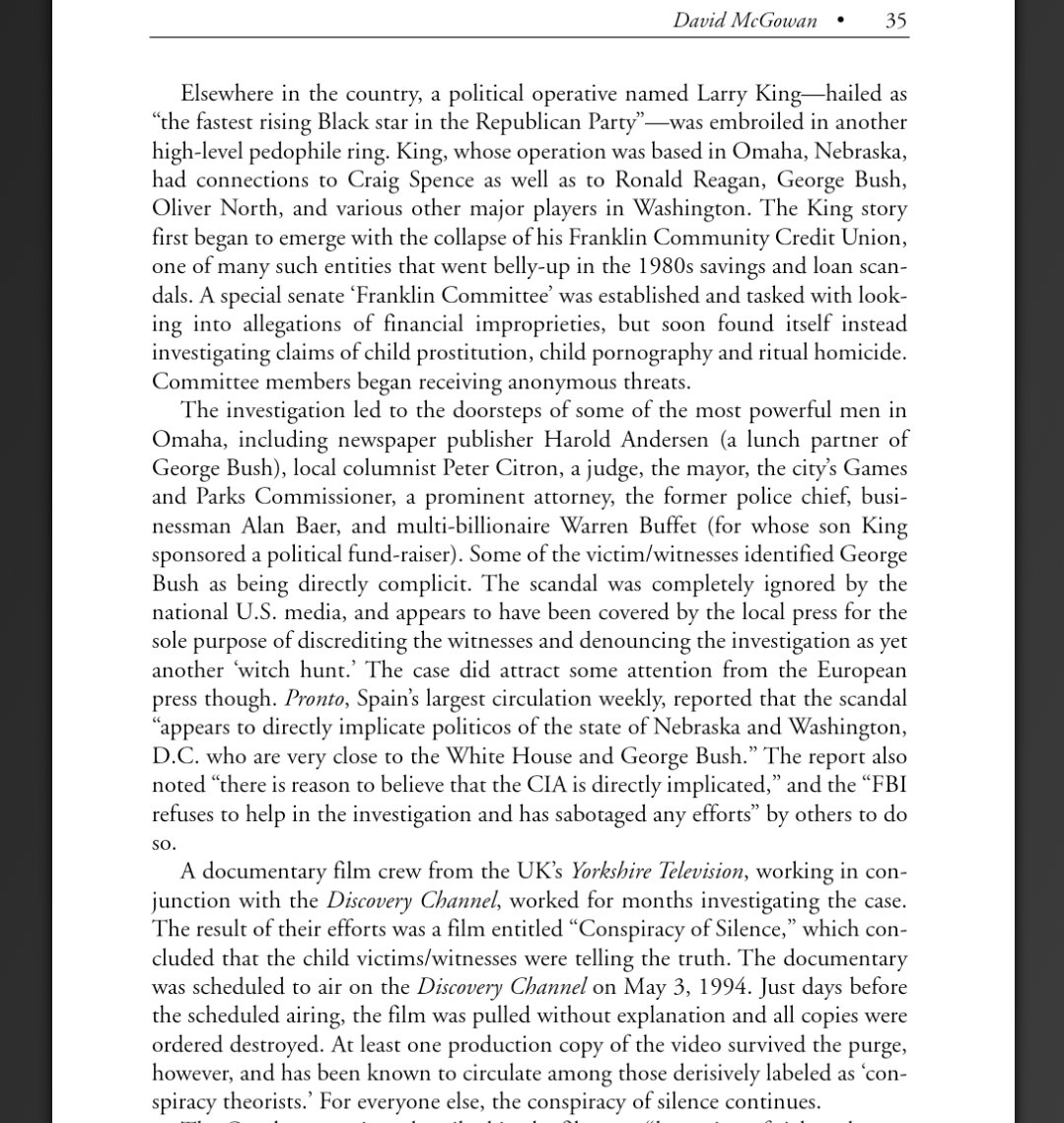 A four page summary of Larry King / Franklin Community Credit Union, also a trafficking ring providing children to ve raped by the wealthy, and a case in which VICTIMS may have seen more jail time than any perpetrator: