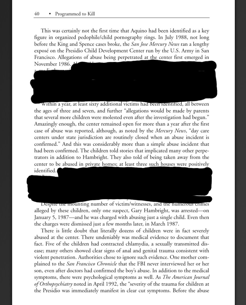 Four pages on the Presidio Child Development Center, a childcare facility run by the US Army in San Francisco. An enormous pedophile ring used it as its base of operations, and military intelligence officials were named in court as perpetrators.