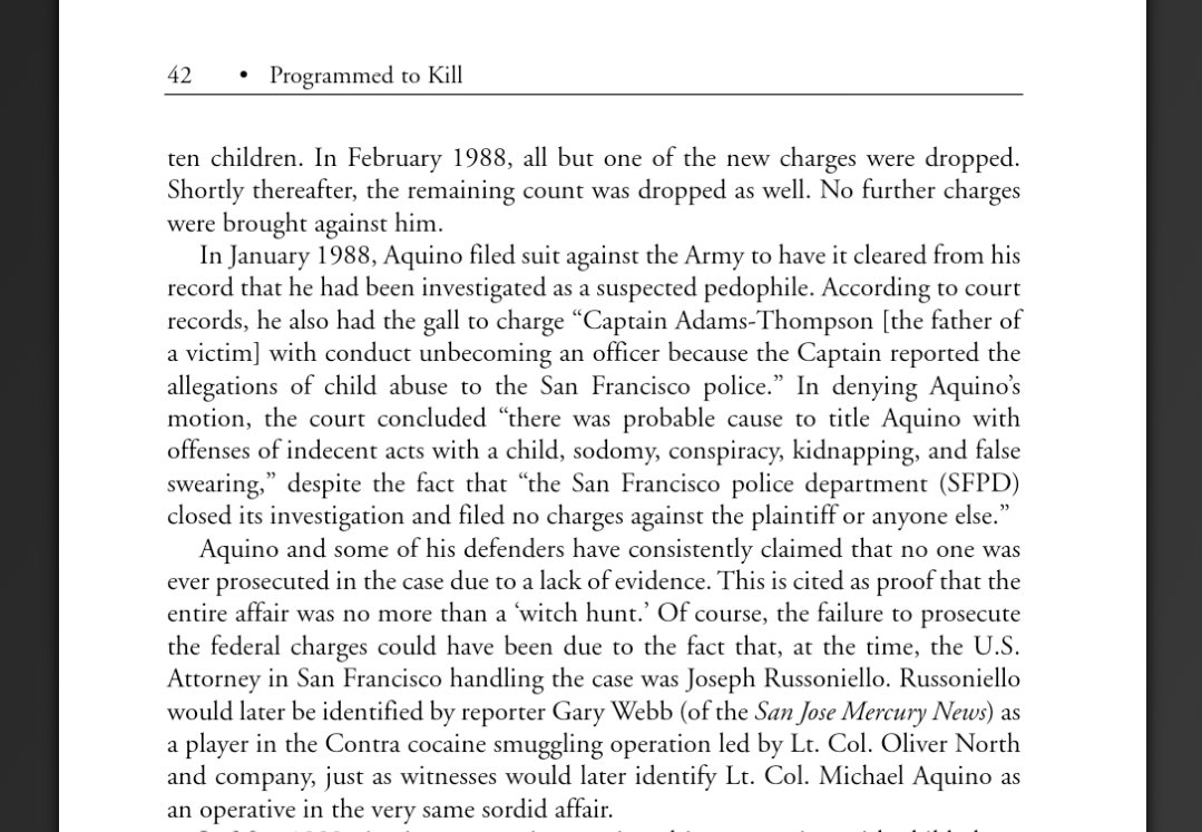 Four pages on the Presidio Child Development Center, a childcare facility run by the US Army in San Francisco. An enormous pedophile ring used it as its base of operations, and military intelligence officials were named in court as perpetrators.