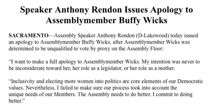 3. Speaker of the California Assembly  @Rendon63rd has issued an apology to Assemblywoman  @BuffyWicks after her request to vote by proxy was denied and she was forced to drive to Sacramento with her newborn baby in order to vote on critical legislation.