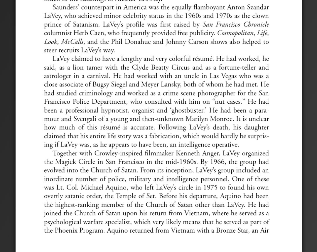 Aleister Crowley, Gerald Gardner, Anton LaVey: the forefathers of modern occultism, satanism/Wiccan practice, and all tied to various intelligence services, here and in Britain: