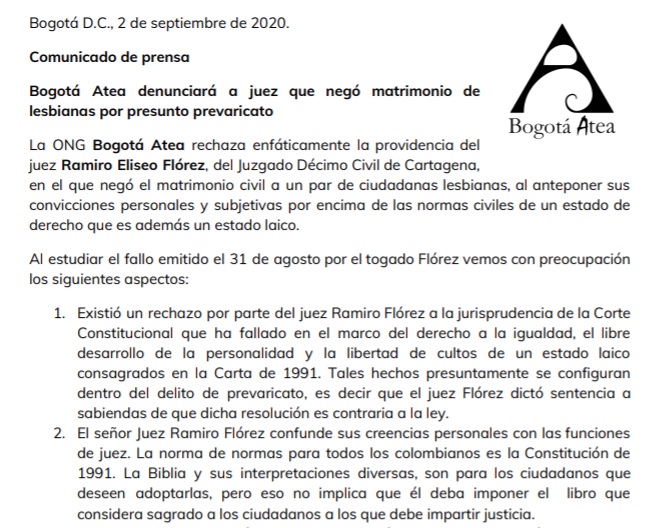 Denunciaremos por presunto prevaricato al juez que negó matrimonio civil a ciudadanas lesbianas en Cartagena. 
#RespetoAlEstadoLaico <a href="/WRadioColombia/">W Radio Colombia</a> <a href="/elespectador/">El Espectador</a> <a href="/ELTIEMPO/">EL TIEMPO</a> <a href="/elcolombiano/">El Colombiano</a> <a href="/BluRadioCo/">BluRadio Colombia</a> <a href="/BluRadioCo/">BluRadio Colombia</a> <a href="/NoticiasCaracol/">Noticias Caracol</a> <a href="/CaracolRadio/">Caracol Radio</a> <a href="/NoticiasRCN/">Noticias RCN</a> <a href="/Dejusticia/">Dejusticia</a>