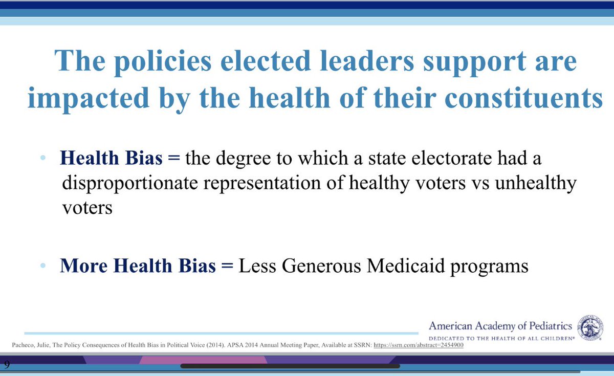 This bias shows up in how  #Medicaid programs are/aren’t supported.States that have a disproportionate representation by healthy voters spend less on health & have less generous  #Medicaid programs for both benefits offered & payment rates. #VoteHealth  #VoteKids (8/)