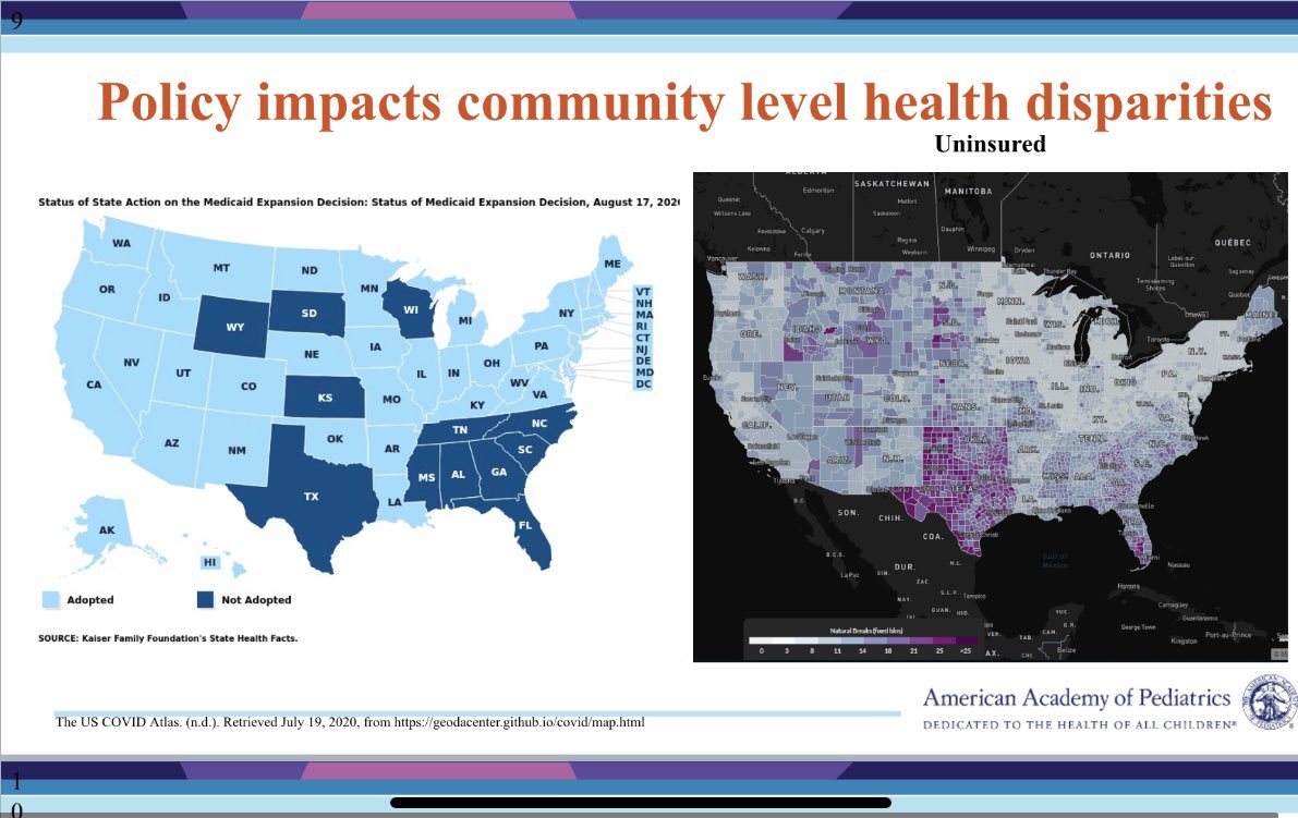 Policies lead to community level racial health disparities.On the left  #Medicaid expansion as tracked by  @KFF. Dark blue = states that have NOT accepted expansionOn the right Uninsurance rates as tracked by the  @covid_atlas by county level data. Dark purple is >25%(10/)