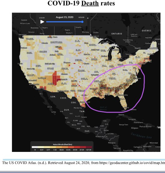 Death rates follow a similar pattern.Note the “Black Belt,” (circled in purple) counties in the Southern US where the population is at least 40% Black.This is how structural racism manifests in health policy. To devastating effect. #VoteHealth  #BlackLivesMatter  (13/)