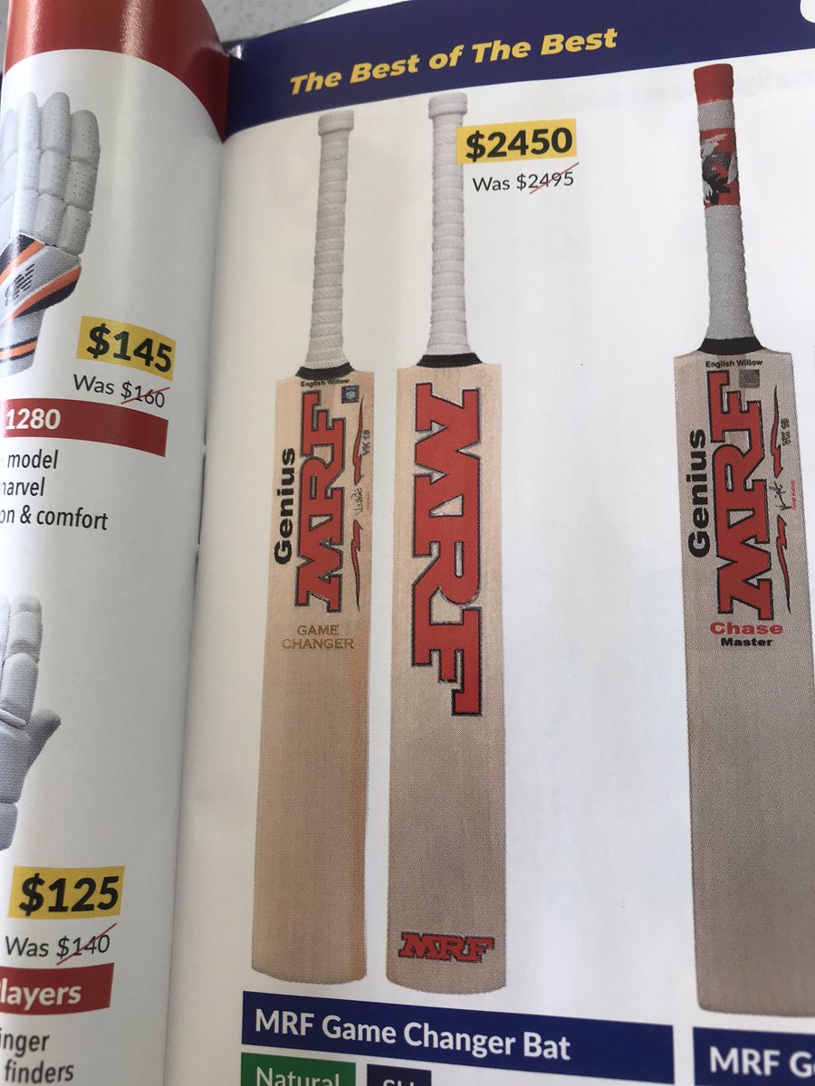 Cricket store catalogue came today. Now I guess kids dream of owning an MRF Game Changer for about the price of my first car. If you’re good enough to use a bat that costs that much surely you have a bat sponsor. Comes with a guarantee to make runs or your money back.$2450