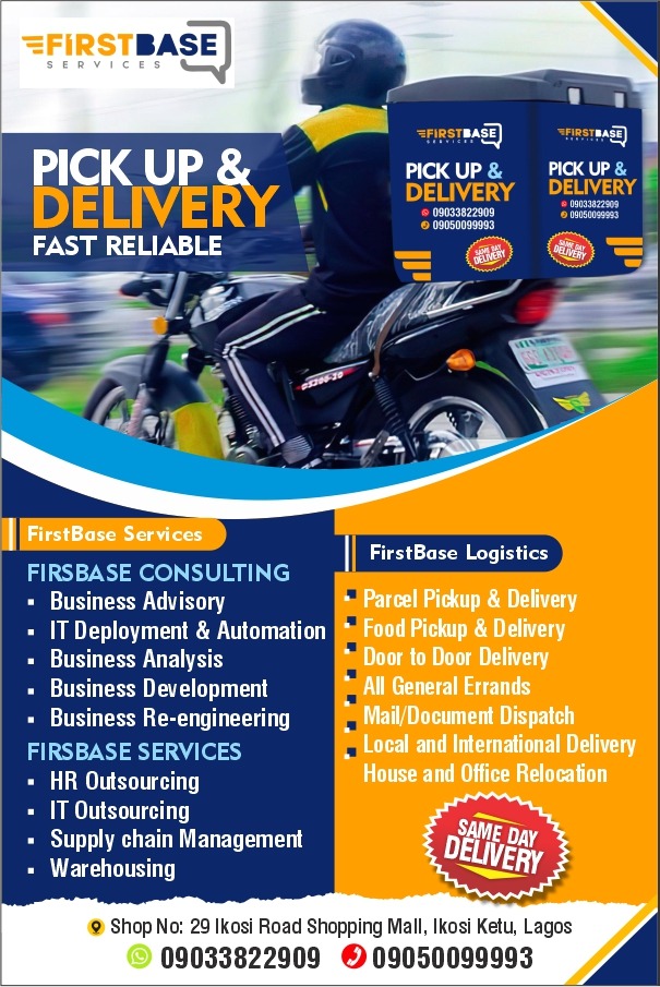 FirstbaseS's tweet image. Good day
I would like to introduce FirstBase Logistics to you. We  do deliveries within and outside Lagos, international deliveries with reasonable prices.
Send us to do your pick up/deliveries to your clients and we promise to render good services. Contact on 09033822909