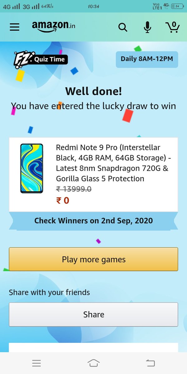 Deepak75932978's tweet photo. 😍😍 winnhhh
#AmazonQuiz
#QuizTimeMorningsWithAmazon https://t.co/VDvmU8zLHo