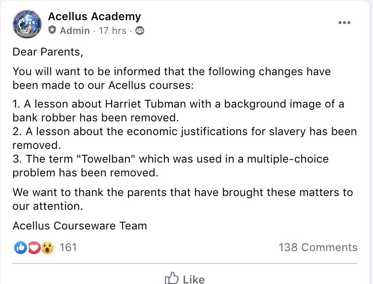 Here are screenshots of posts from Acellus Academy’s official account acknowledging the existence and removal of the racist question on an Acellus Facebook group page.
