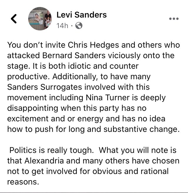 Bernie Sanders’ son on Facebook y’all.This is in reference to  @chrsdcook’s article about the  #PeoplesConvention. There’s so much more I could say about this, but really it speaks for itself.