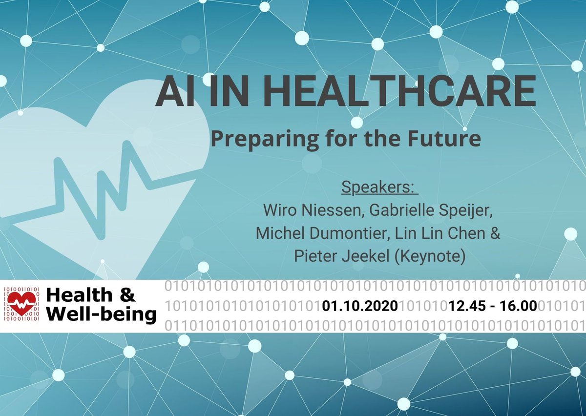 Join us at our #digital conference to learn all about #AI in #healthcare from our interesting speakers, including <a href="/WiroNiessen/">Wiro Niessen</a>, <a href="/ggmspeijer/">🚀 Gabrielle Speijer MD Radonc</a>, <a href="/micheldumontier/">Michel Dumontier</a>, Lin Lin Chen and <a href="/pjeekel/">Pieter Jeekel</a>. 
Register now at bit.ly/32ZN4Cs
#AIinHealthcareconference