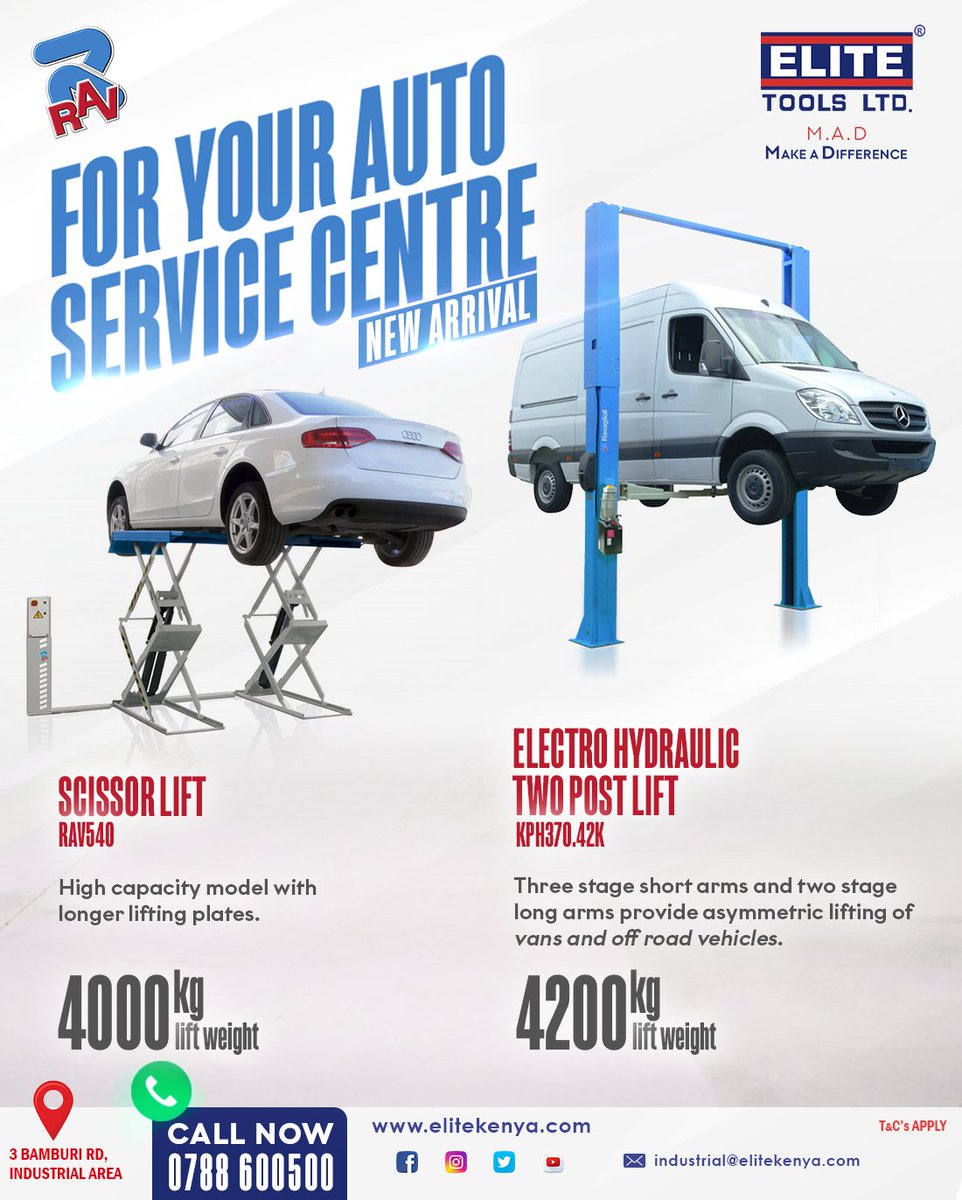 elite_toolsltd's tweet image. #Ravaglioli 𝗙𝗢𝗥 𝗬𝗢𝗨𝗥 𝗔𝗨𝗧𝗢 𝗦𝗘𝗥𝗩𝗜𝗖𝗘 𝗖𝗘𝗡𝗧𝗥𝗘 - 𝗡𝗲𝘄 𝗔𝗿𝗿𝗶𝘃𝗮𝗹𝘀 Scissor Lift and Electro Hydraulic Two Post Lift.

Call Us on 0788 600500 or Visit Our Showroom On 3 Bamburi Road, industrial Area.

#EliteMAD #GarageEquipment #CarService #GarageLife