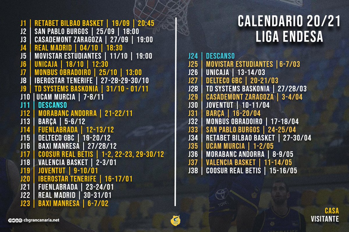 🙌 ¡Aquí lo tienes, nuestro calendario 20/21 para #LigaEndesa!

📅 Debutaremos en casa el sábado 19. Derbi como local en enero, la visita del Real Madrid el 4 de octubre... ¡Todas las fechas!

💛 #VamosGranca | #TodaUnaIsla