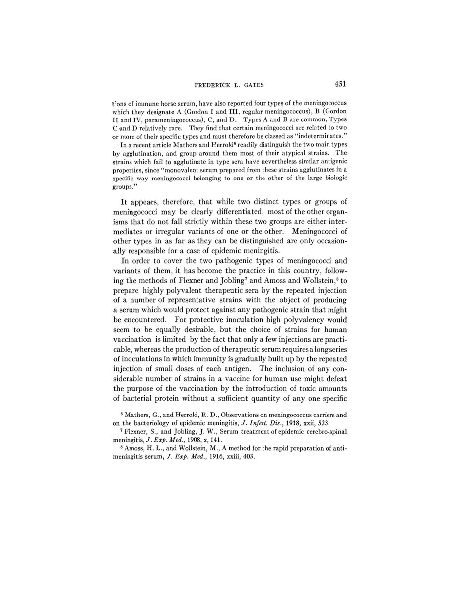 120) “In order to cover the two pathogenic types of meningococci and variants of them, it has become the practice in this country, following the methods of Flexner and Jobling and Amoss and Wollstein, to prepare highly polyvalent therapeutic sera…”