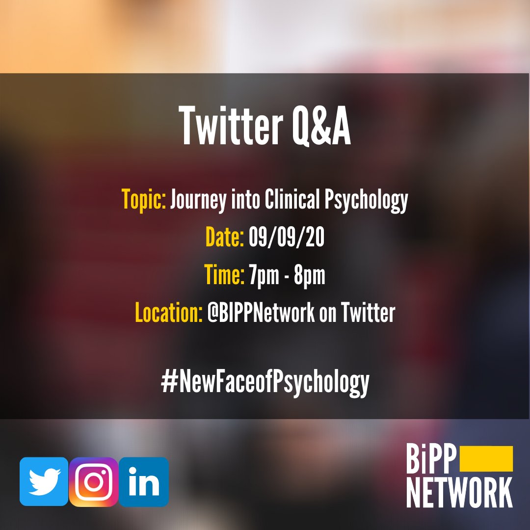 Our first #NewFaceofPsychology event is a Twitter Q&amp;A on 09/09/20 at 7pm.

First up is @ItsDunni , who will be sharing her journey into #clinicalpsychology 

If you're aspiring clinical psychologist and want the opportunity to chat to a trainee - save the date!
