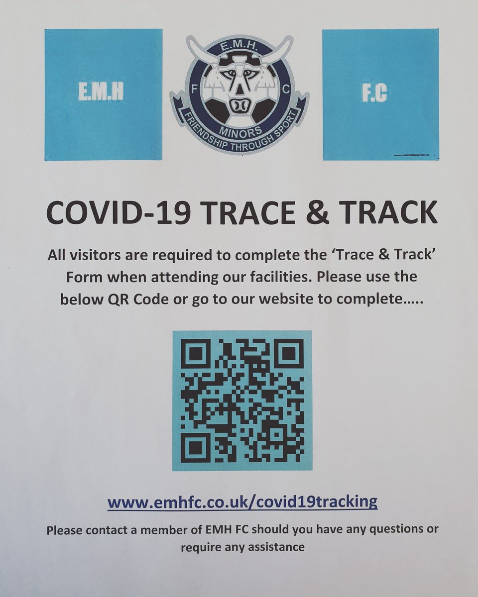 Dear parents and spectators.... please ensure that you log in to our track and trace system every time you attend a fixture at our home pitches to assist us keep everybody safe.
These posters will be displayed around the grounds and we will be on hand to help.
