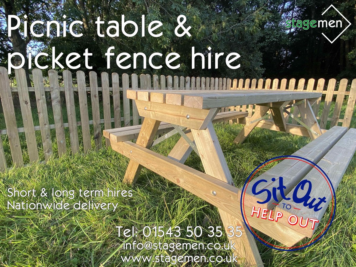 sound_hire's tweet photo. Outdoor seating & fencing made safe and easy by Stage Men. Rustic fences and covid safe social distancing with our outdoor picnic tables. #sitouttohelpout #benchhire #picnnictablehire #picnicbench #picketfence #fencehire #fencing #tablehire #events #festival #foodfestival #out https://t.co/uKP0aaTmrQ
