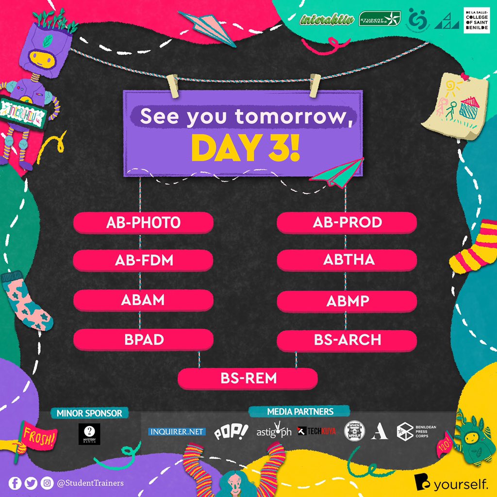 StudentTrainers's tweet photo. Thank you for exploring the #INTERAKTIV2020 zone with us  BS-IS, BS-HRIM, and BS-IHM 🖍

As for AB-PHOTO, AB-FDM,  ABAM, BPAD, AB- PROD,  
ABTHA, ABMP, BS-ARCH, and BS REM ready your gadgets and save your energy as we will see you in Day 3 to explore new beginnings! 👀 https://t.co/lKaK9hXxe7