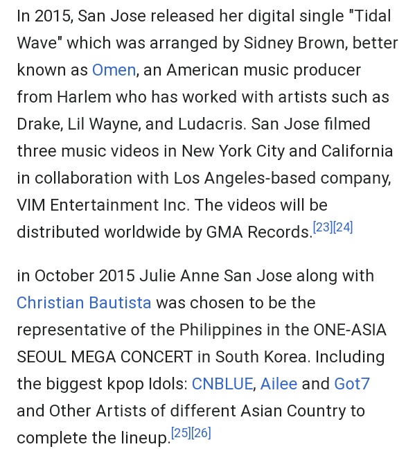 She's made waves (and continue to do so) via her viral YouTube covers and last 2015, she almost debuted on the international scene. If you're curious why she didn't pursue it, kindly read this insightful write-up:  https://www.philstar.com/lifestyle/supreme/2018/02/24/1790669/julie-anne-our-homegirlREFERENCE:  https://en.m.wikipedia.org/wiki/Julie_Anne_San_Jose