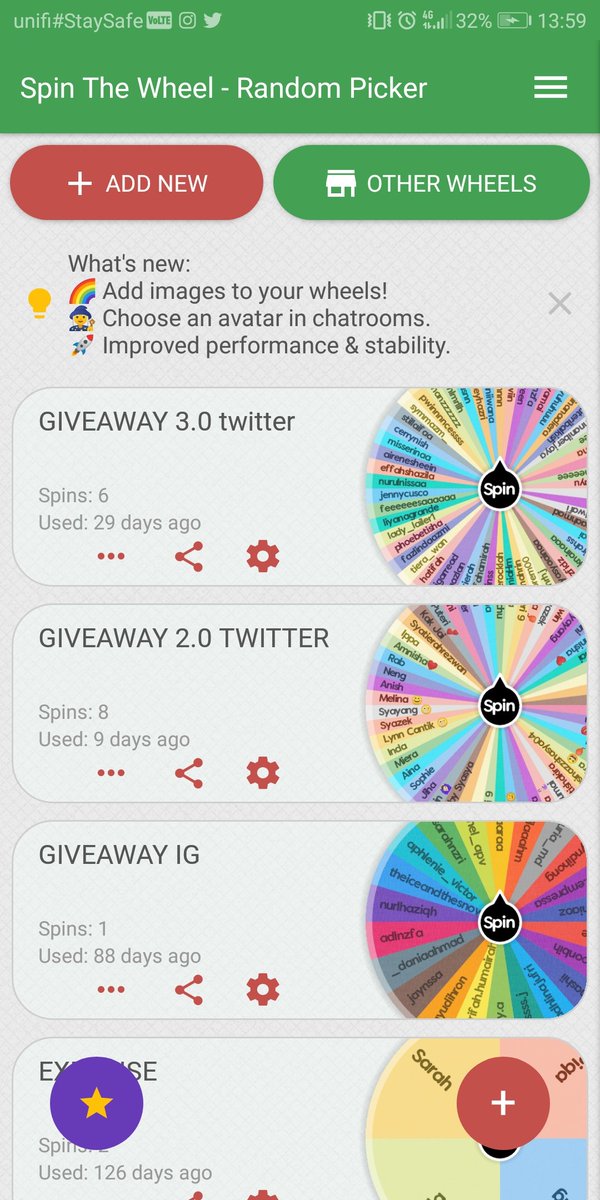 Atas tu famouse website di guna.Ni pula apps and i used spinthewheel but yg ketiga tu i tgk org pakai it have cute colour and animationSecond dgn third pic is rupa utk spin the wheel hehe