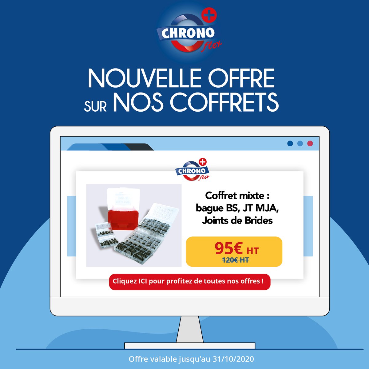 ❗️Promotions exceptionnelles sur tous les coffrets CHRONO Flex + à partir d'aujourd'hui jusqu'au 31/10/20.
👉 Profitez-en  chronoflexplus-shop.fr/etiquette-prod…

Coffret 5 mallettes de joints toriques, coffret aluminium de 250 bagues BS, coffret de 104 bagues BS, et bien d'autres encore !