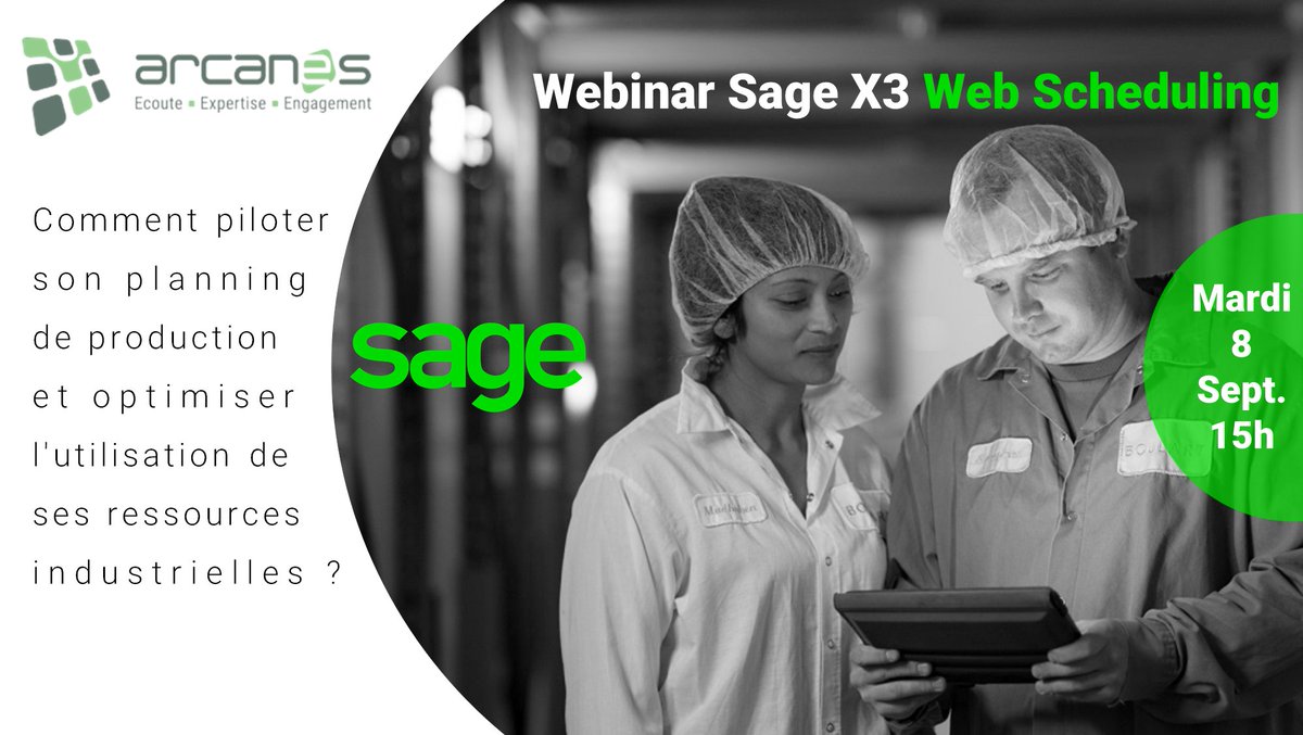 arcanes_c's tweet image. Pour découvrir la toute nouvelle solution de #planification et #ordonnancement Sage X3 #Webscheduling, participez au webinar du 8 septembre organisé par @SageFrance .
▶ Informations et inscriptions >>>arcanes-informatique.com/2020/09/01/web…